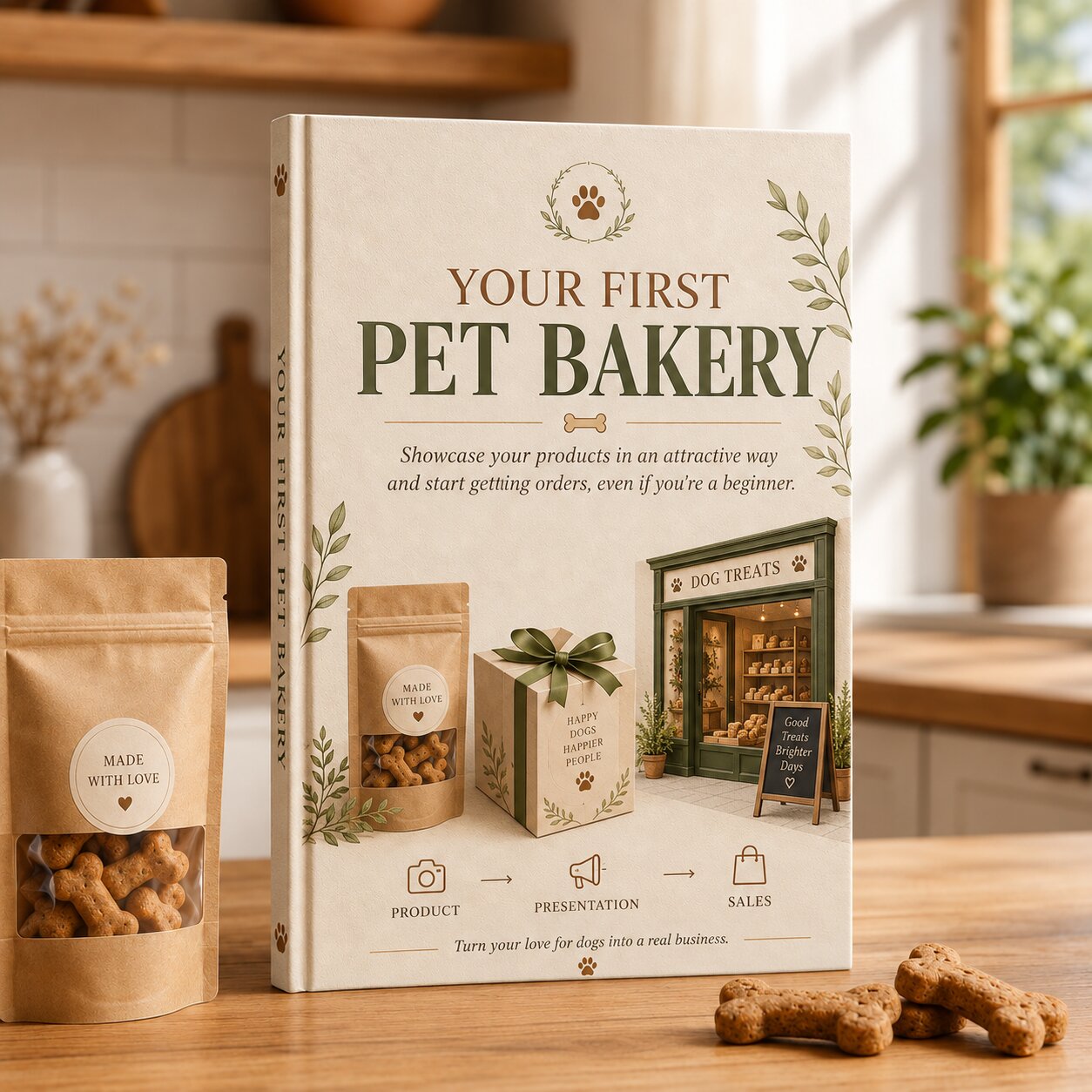Homemade dog treats with packaging and labels ready to photograph