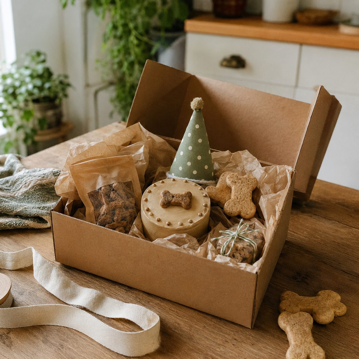 Dog birthday box with cake, treats and decorations