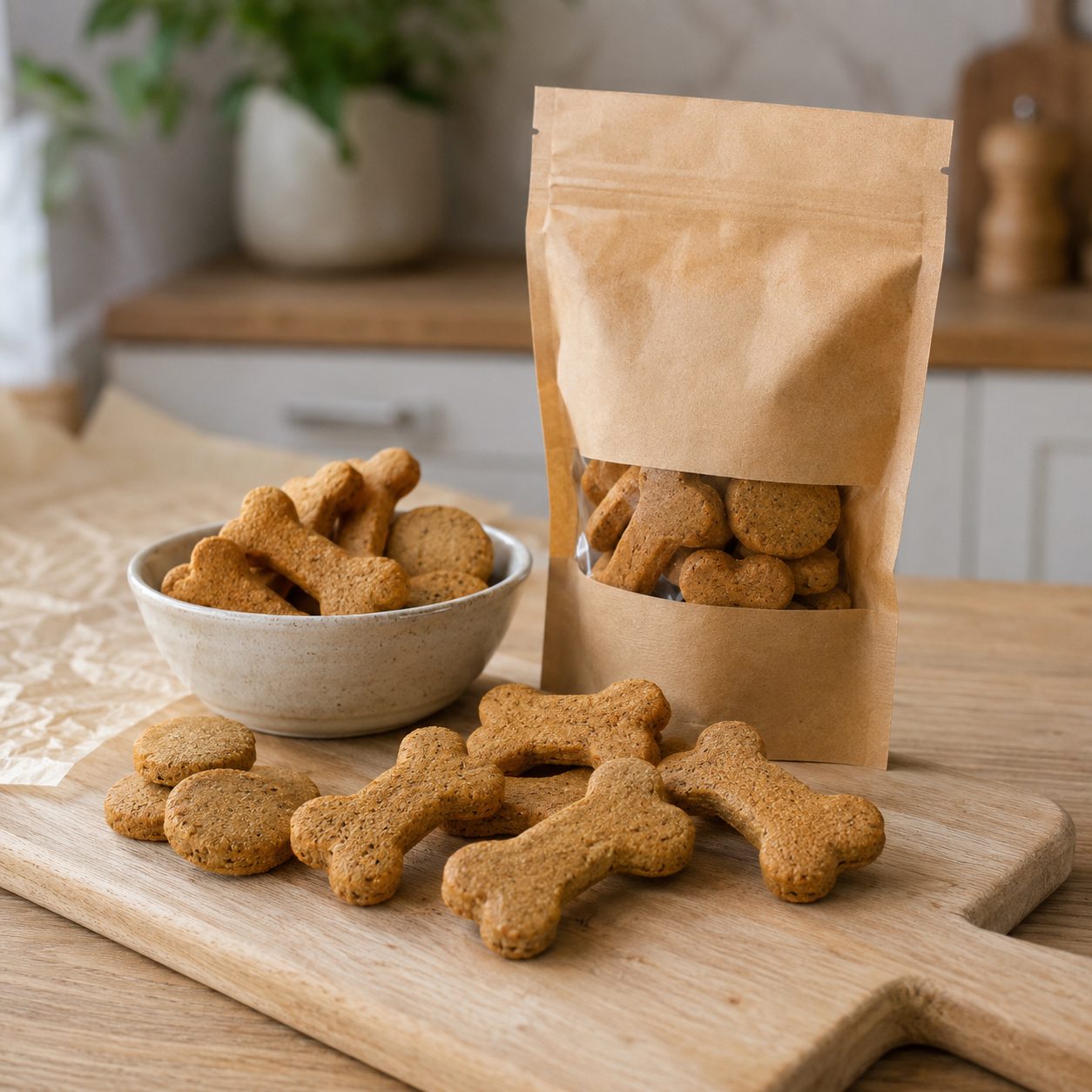 Homemade dog biscuits stacked on a wooden board
