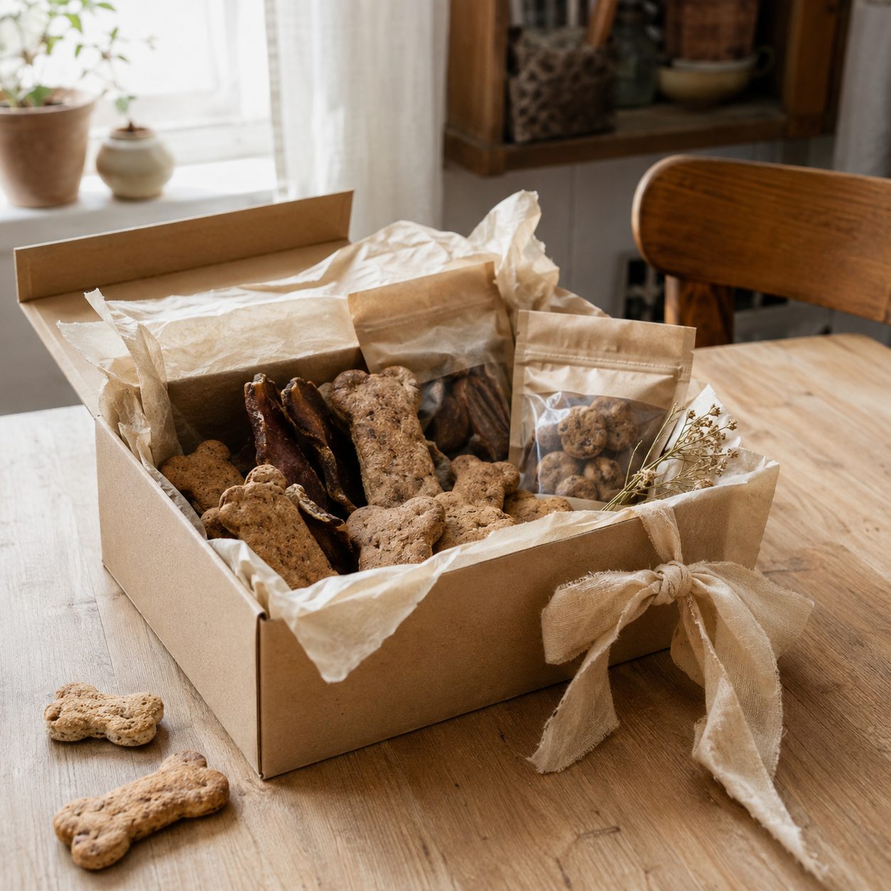 Gift box of homemade dog treats ready to deliver