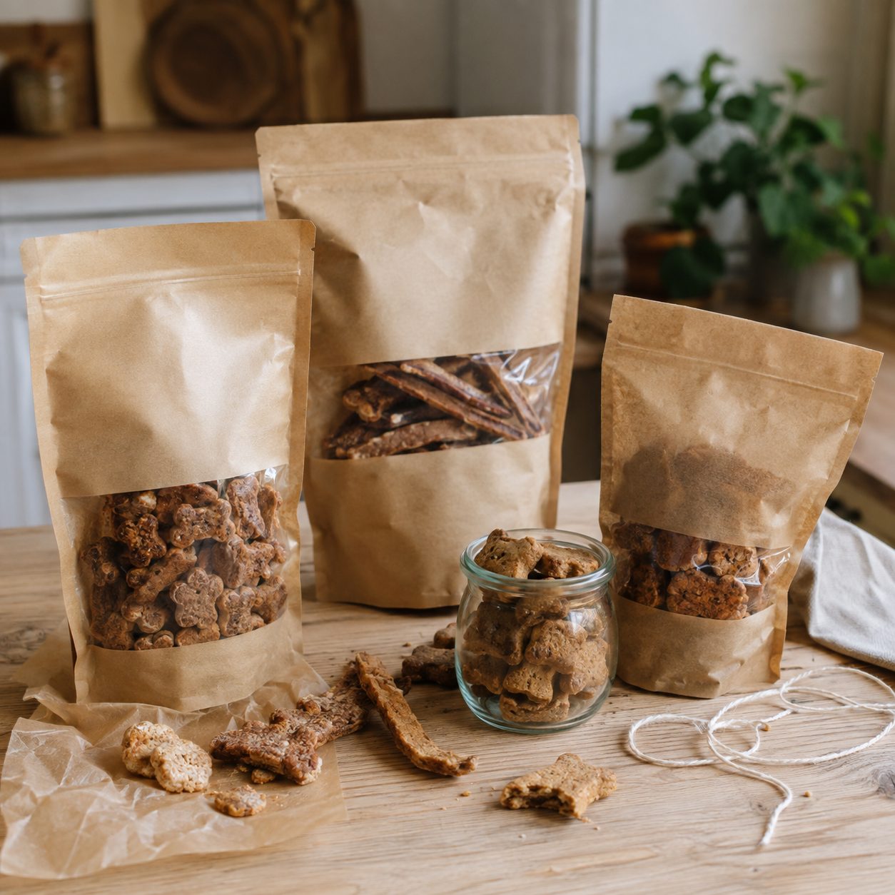 Pack of homemade dog treats in a clear bag with a label