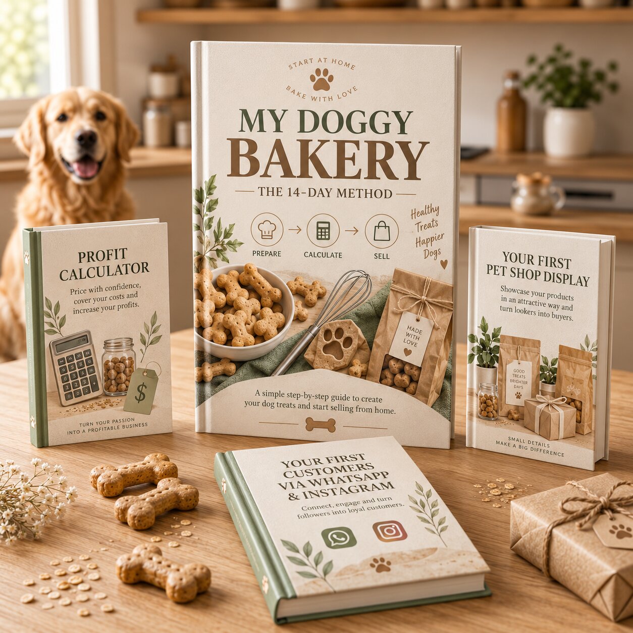 The complete My Doggy Bakery bundle with all bonuses, shown on phone, tablet and laptop